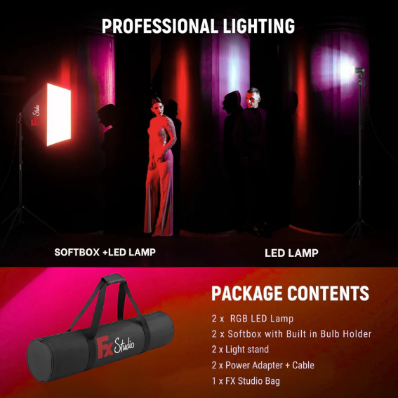 FX Studio 50×70cm RGB Softbox Lighting Kit with Remote – Professional LED Dimmable Light Set