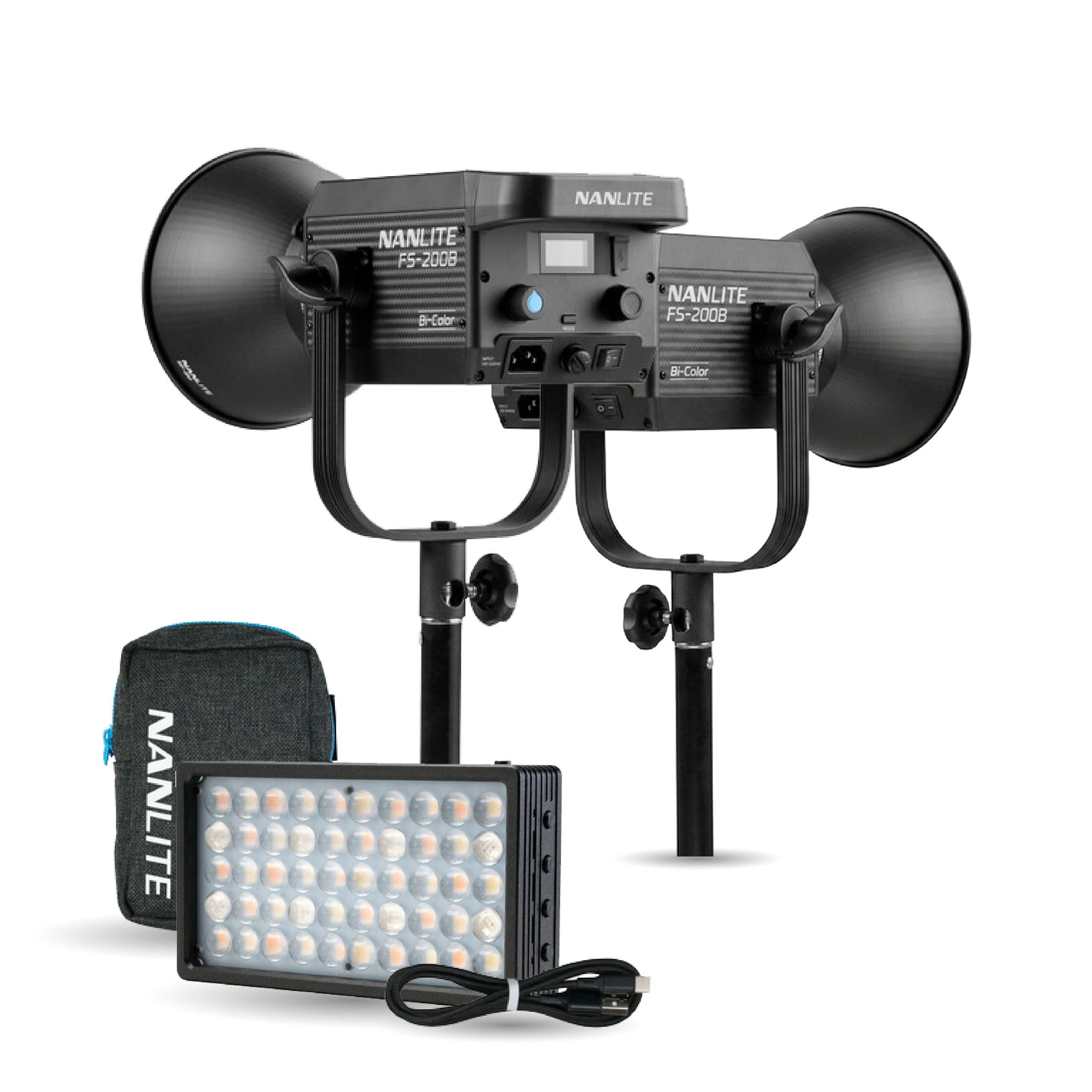 2x Nanlite FS-200B Bi-Color LED Monolight + 1x Nanlite LitoLite 5C RGBWW Mini LED Panel – Studio Lighting Bundle