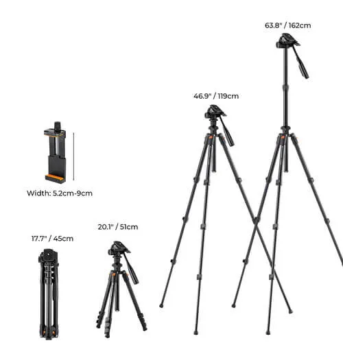 K&F Concept Lightweight Video Tripod O234AO+BV01 Smartphone Clamp (KF09.115V1)