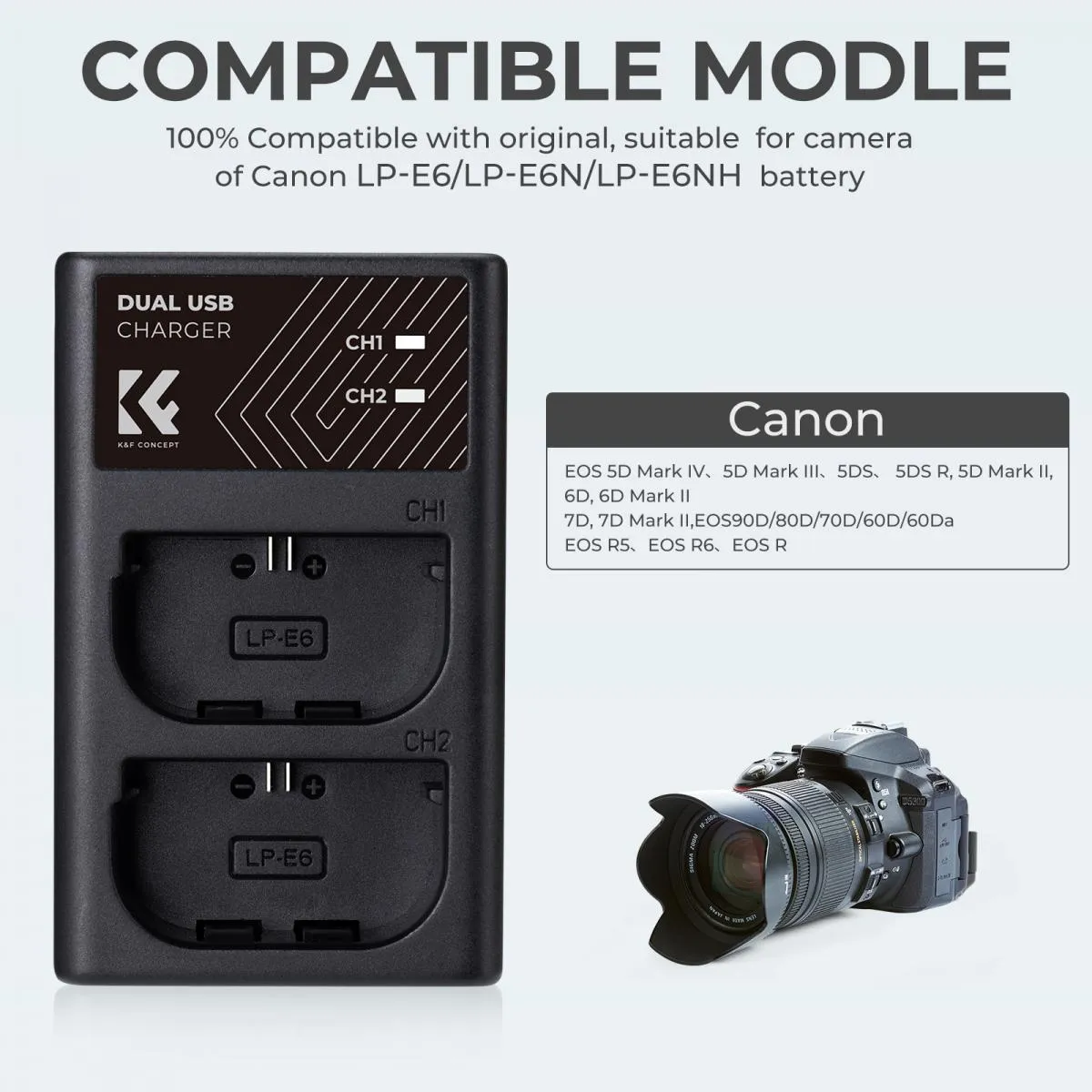K&F Concept LP-E6/LP-E6N/LP-E6NH Battery Charger, Dual Slot Quick Charger for Canon EOS R5, EOS R6, EOS R, EOS 5D Mark IV, 5D Mark III, 5DS, 5DS R, 5D Mark II, 6D Camera (KF28.0007)
