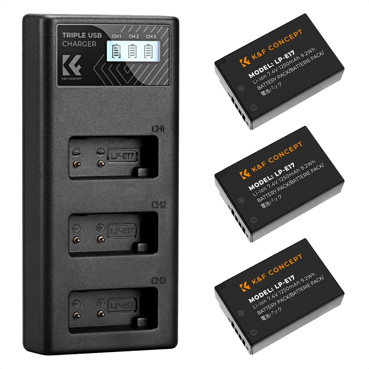 K&F Concept LP-E17 Battery 3-Pack with Upgraded 3-Slot LCD Charger (KF28.0052)